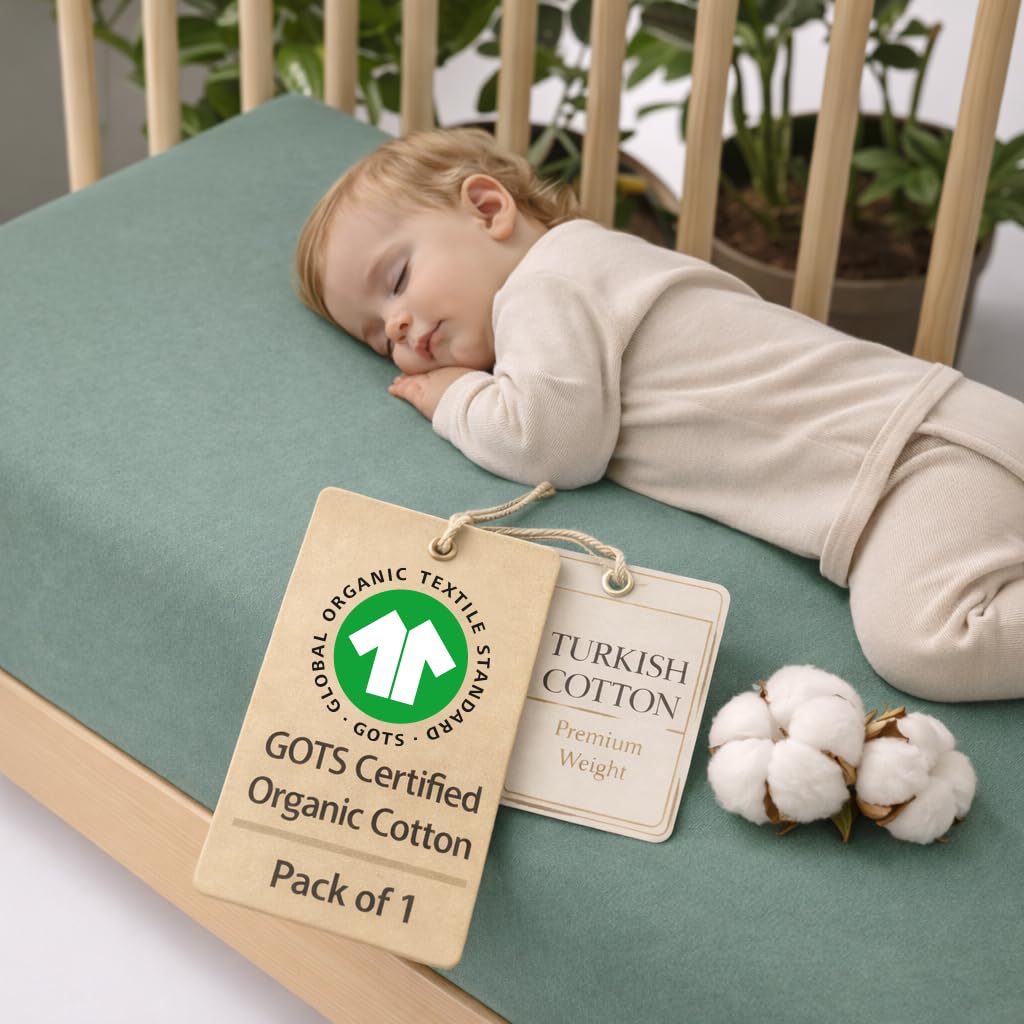 Bunnyjik organic cotton crib sheet in Sage Green — GOTS-certified Aegean cotton