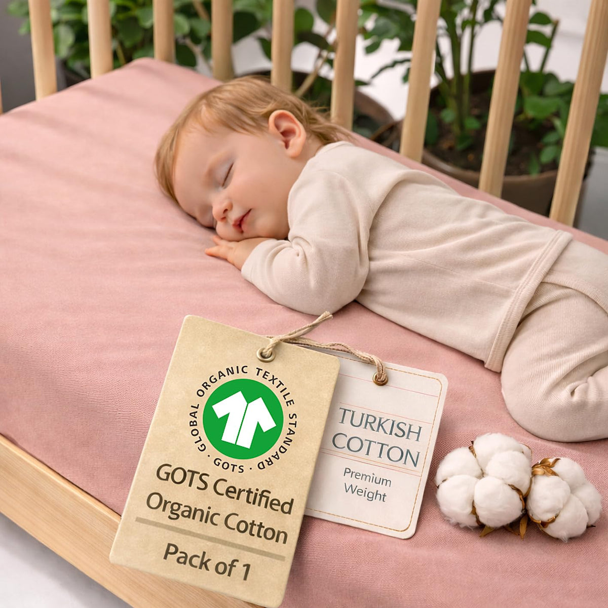 Bunnyjik organic cotton crib sheet in Dusty Rose — GOTS-certified Aegean cotton