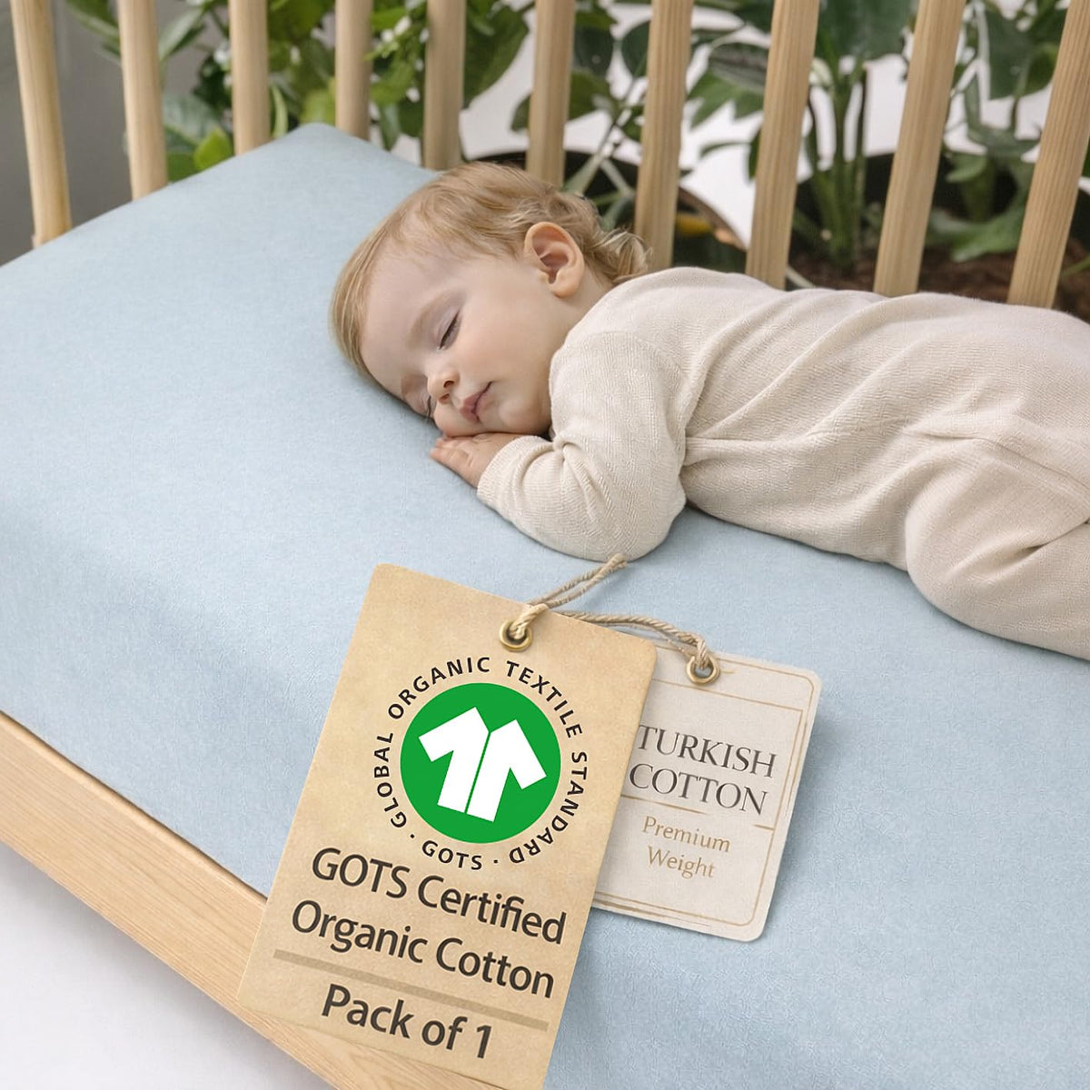 Bunnyjik organic cotton crib sheet in Ocean Blue — GOTS-certified Aegean cotton