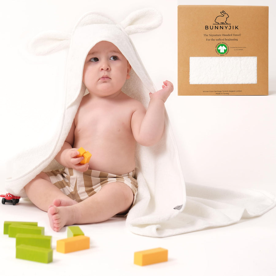 Bunnyjik organic cotton hooded baby towel, Little Lamb design in White — GOTS-certified Aegean cotton