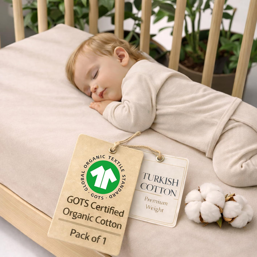Bunnyjik organic cotton crib sheet in Beige — GOTS-certified Aegean cotton
