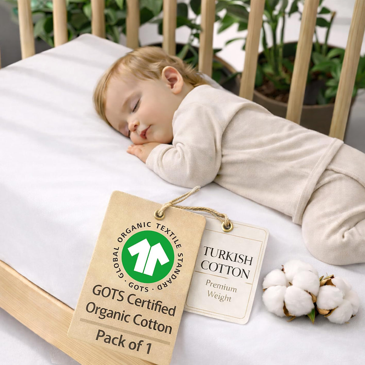 Bunnyjik organic cotton crib sheet in White — GOTS-certified Aegean cotton