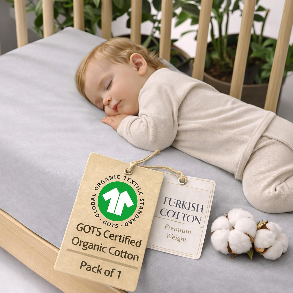Bunnyjik organic cotton crib sheet in Grey — GOTS-certified Aegean cotton