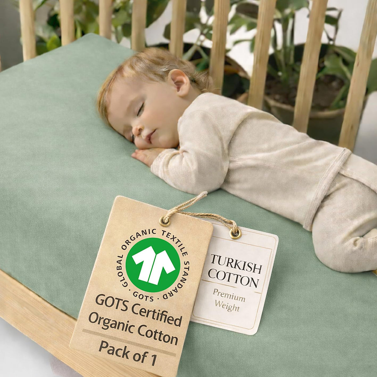 Bunnyjik organic cotton crib sheet in Forest Green — GOTS-certified Aegean cotton
