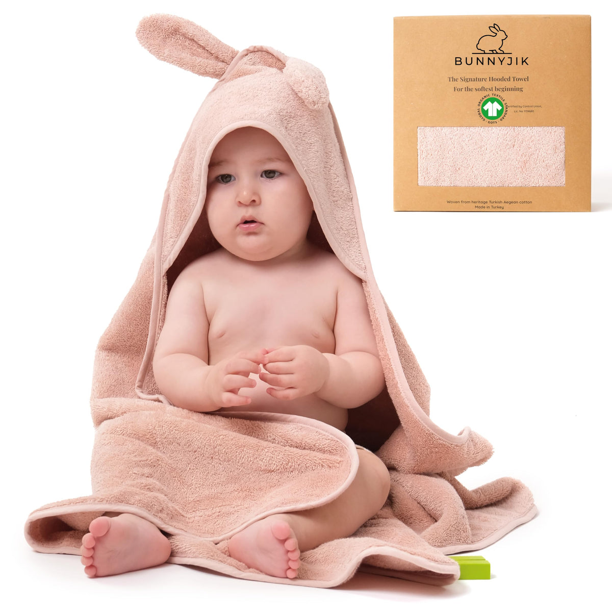 Bunnyjik cotton hooded baby towel, Cozy Bunny design in Blush — soft Turkish cotton