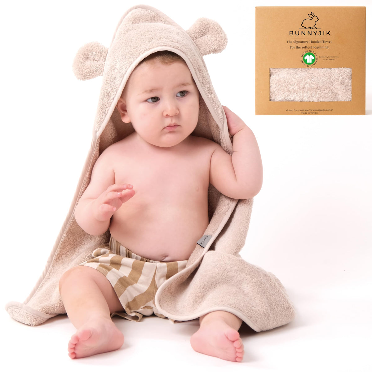 Bunnyjik cotton hooded baby towel, Teddy Cub design in Beige — soft Turkish cotton
