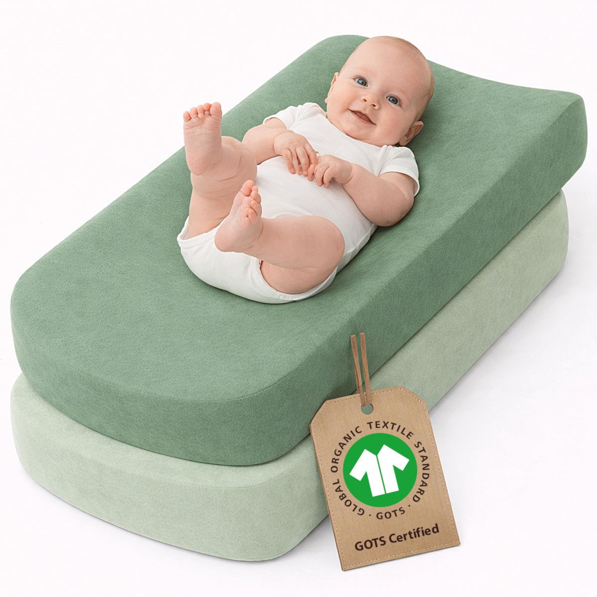 Bunnyjik organic cotton changing pad cover in Forest Green and Sage Green — GOTS-certified Aegean cotton