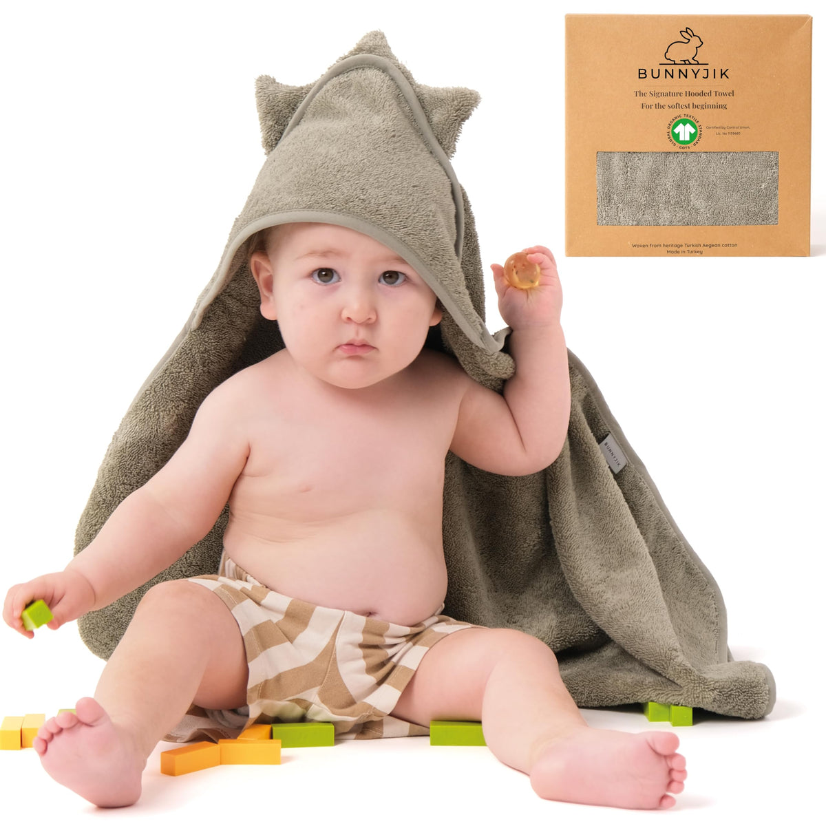 Bunnyjik cotton hooded baby towel, Baby Dino design in Green — soft Turkish cotton